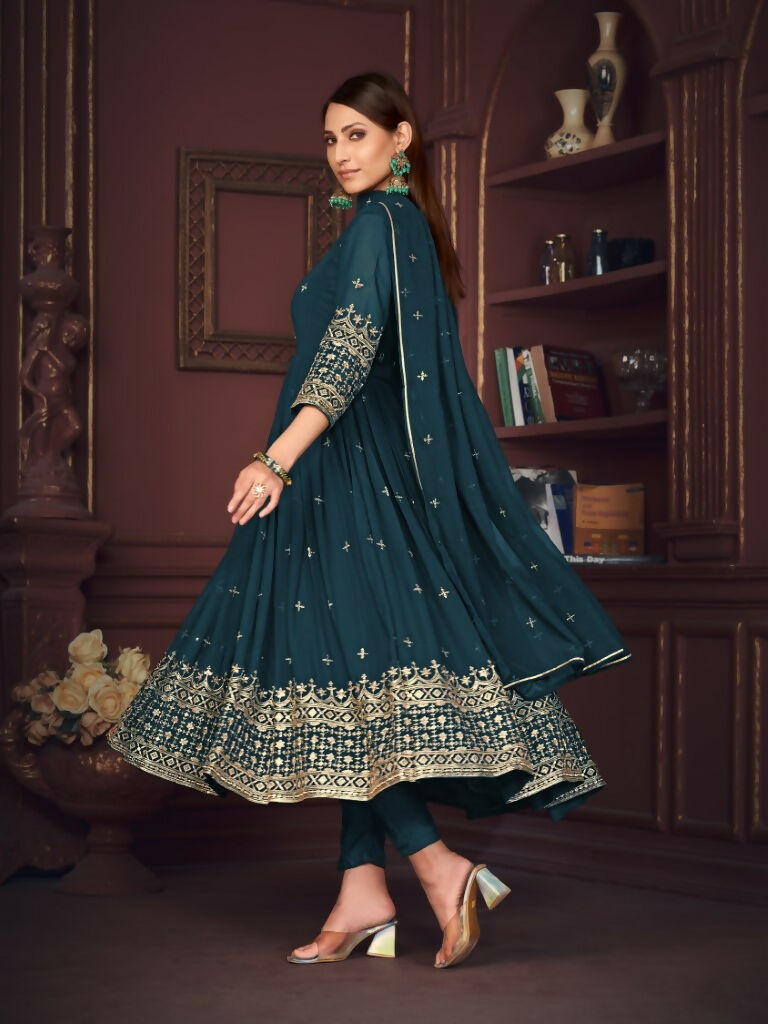Jyoti Fashion Women's Rama Georgette Embroidered Anarkali Kurta Pant Set With Dupatta | Swadesiicart
