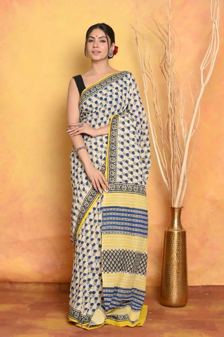 Very Much Indian Handblock Printed Cotton Saree With Natural Dyes - White | Swadesiicart