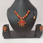 Terracotta Lotus Pendant Necklace Set With Studs-Golden Pink