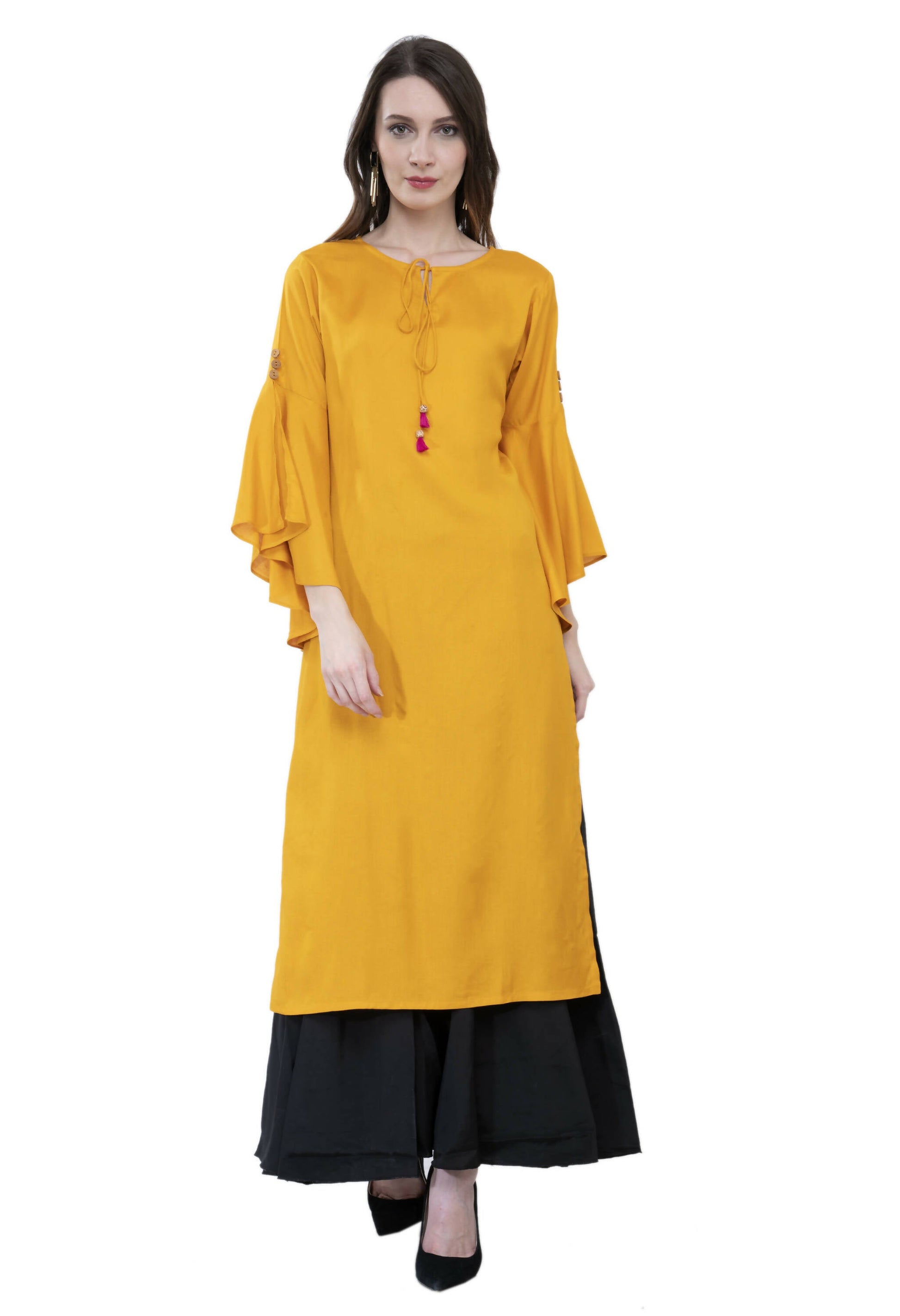 Women's Mustard Round Neck Kurti With Front Neck Opening And Dori, Flared Sleeves - G & A Apparels | Swadesiicart