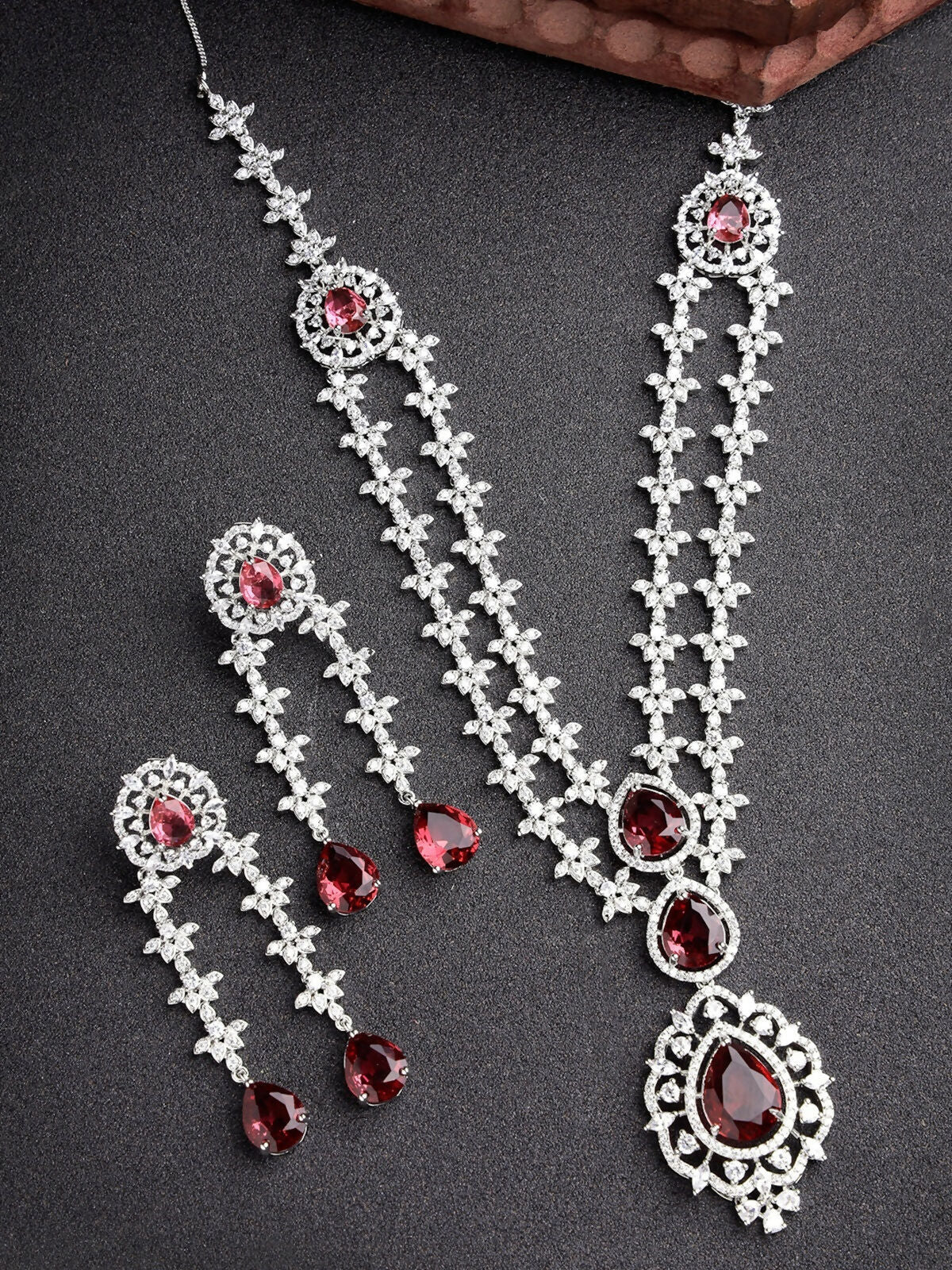 NVR Women's Silver-Plated Red CZ-Studded Handcrafted Jewellery Set - Swadesiicart