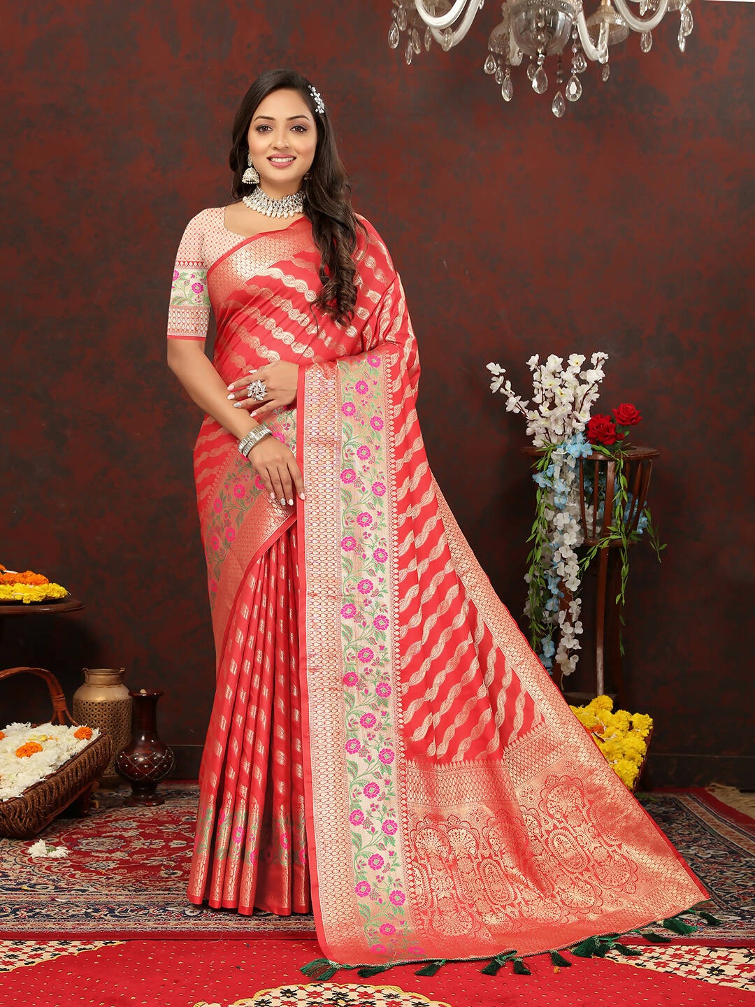 Lorenvalley Fashion Red Soft Silk Woven Design with Zari Weaving Leheriya Design Saree - Swadesiicart