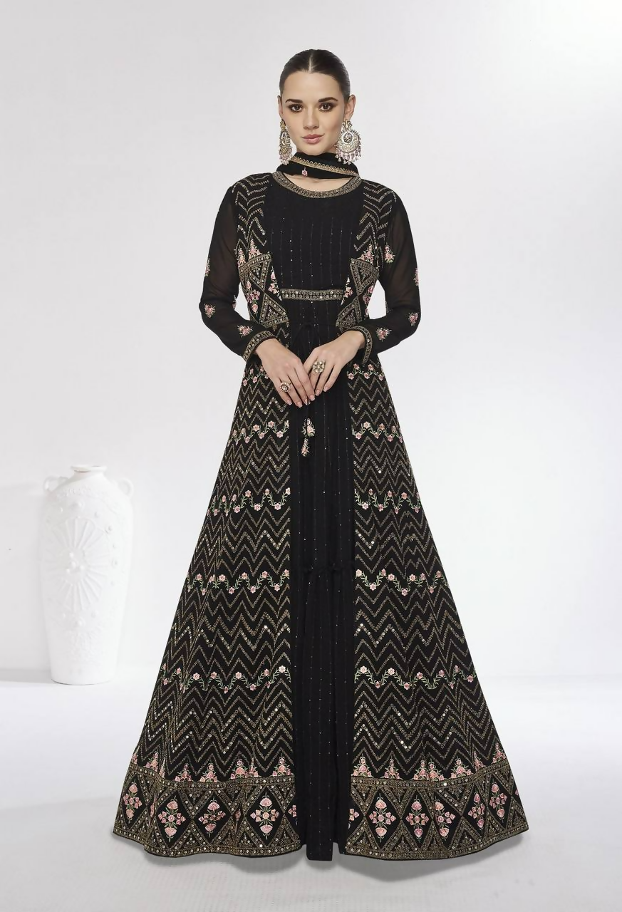 Lorenvalley Fashion Black Faux Georgette Embroidery Work Gown Jacket Stitched | Swadesiicart