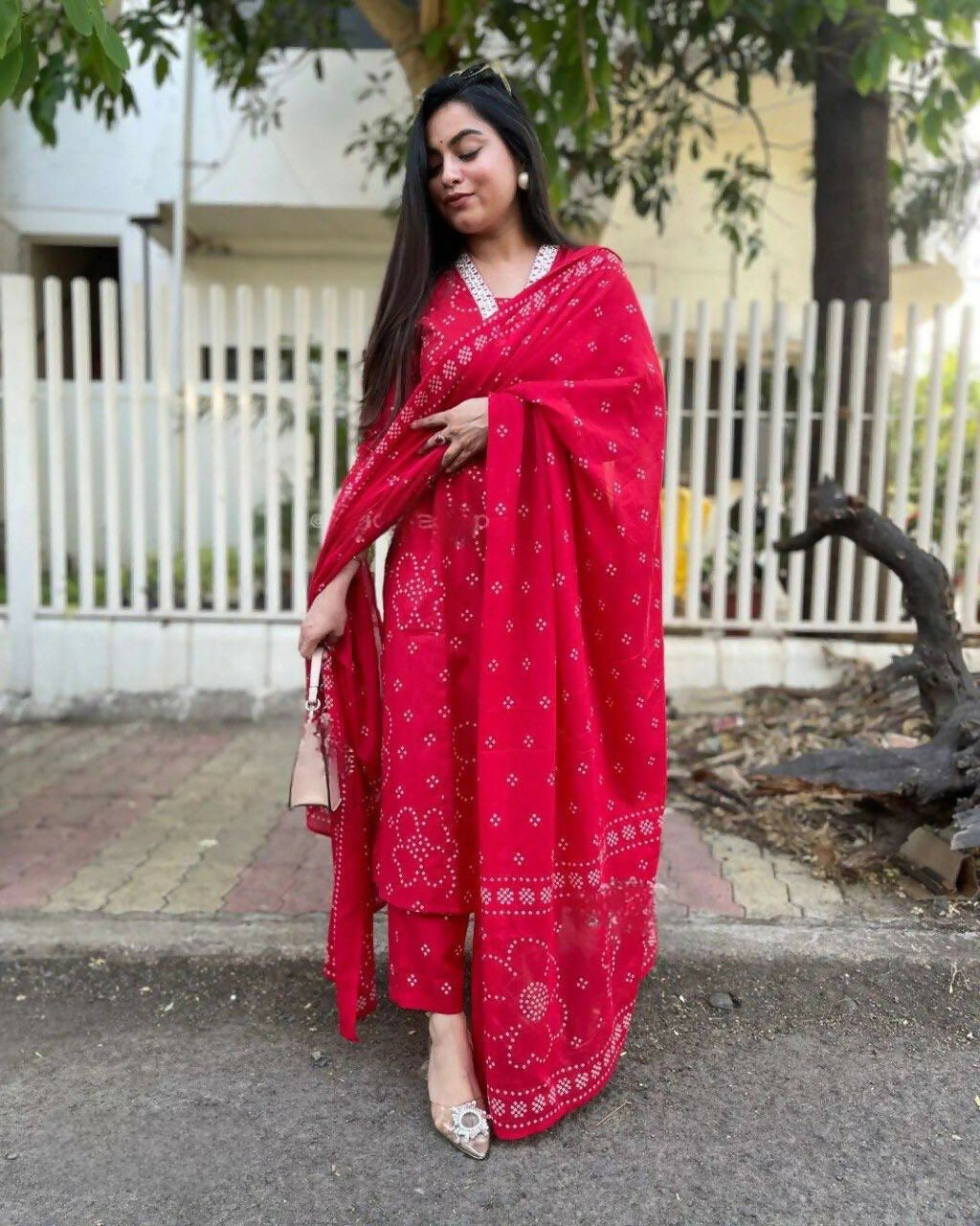The52 Red Women's Beautiful Rayon Fabric Printed Work Straight Kurta Pant and Dupatta Set - Swadesiicart