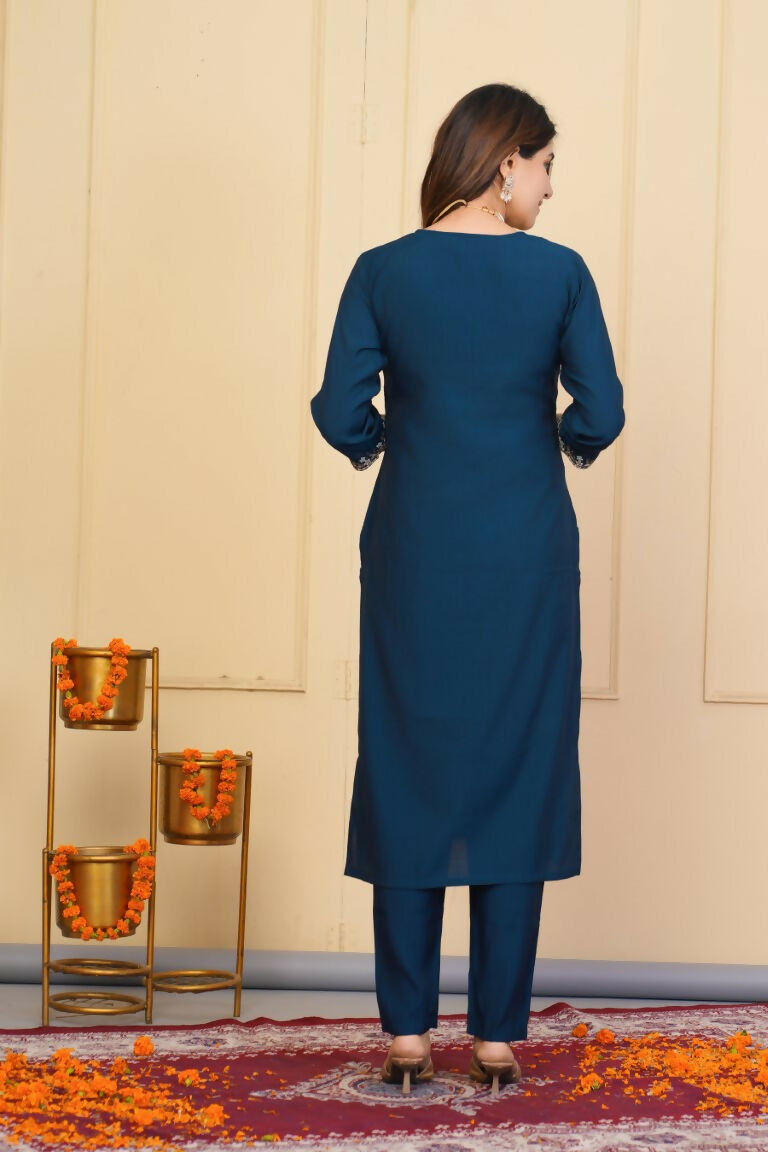 Blue Viscose Chanderi Embroidered Stitched Suit With Dupatta - Tanisha | Swadesiicart