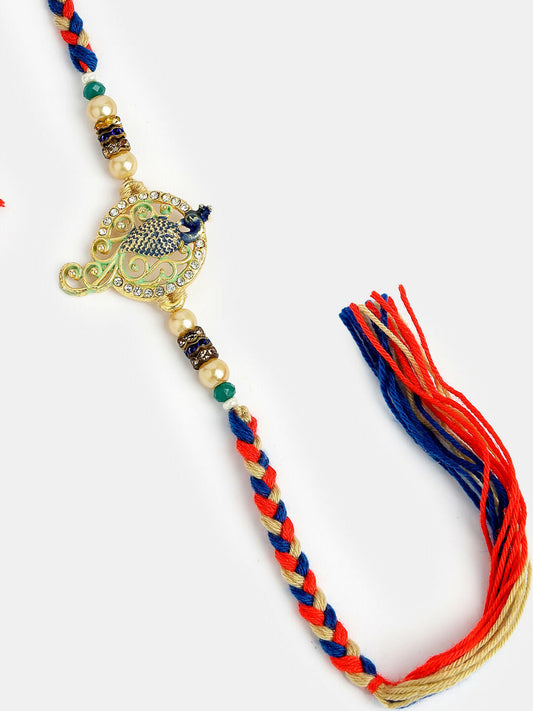 NVR Men Gold-Toned Peacock Design Stone-Studdded Rakhi With Roli Chawal | Swadesiicart