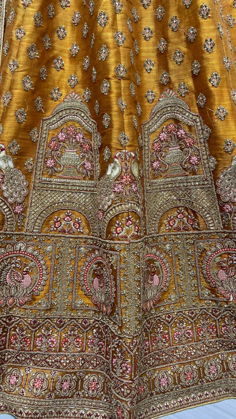 Jyoti Fashion Women's Golden Bridal Net Fancy Dori & Sequins Multi Thread Embroidered with Diamond Work Wedding Lehenga Choli | Swadesiicart
