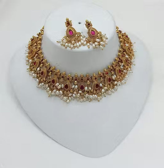 Jewel City Handcrafted Antique Gold-Plated Kundan Choker Necklace Set with Pearls | Traditional Indian Ethnic Bridal Jewelry Set | Swadesiicart