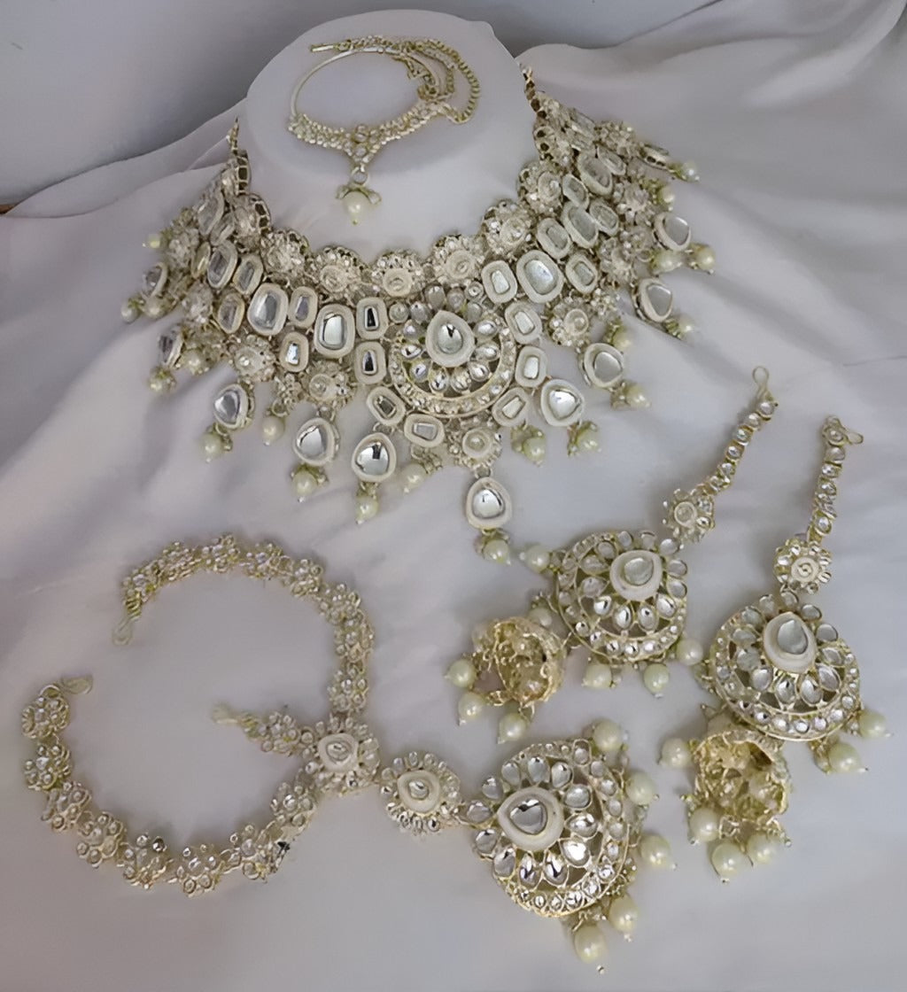 Jewel City Elegant Polki Kundan Bridal Set with Necklace, Earring & Mathapati-Handcrafted Indian Wedding Jewelry with Pearl Accents | Swadesiicart