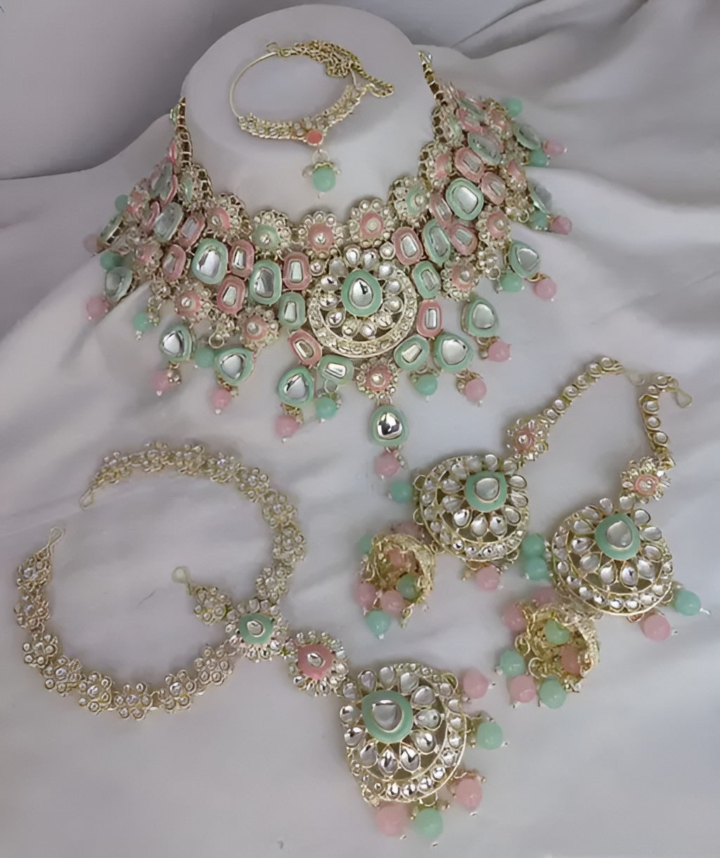 Jewel City Elegant Polki Kundan Bridal Set with Necklace, Earring & Mathapati-Handcrafted Indian Wedding Jewelry with Pearl Accents | Swadesiicart