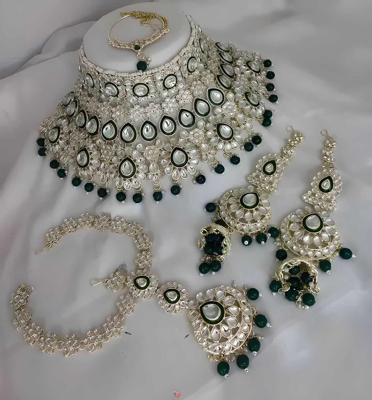 Jewel City Luxurious Green Kundan Bridal Set - Complete Semi Wedding Jewelry Collection with Pearl Embellishments | Swadesiicart