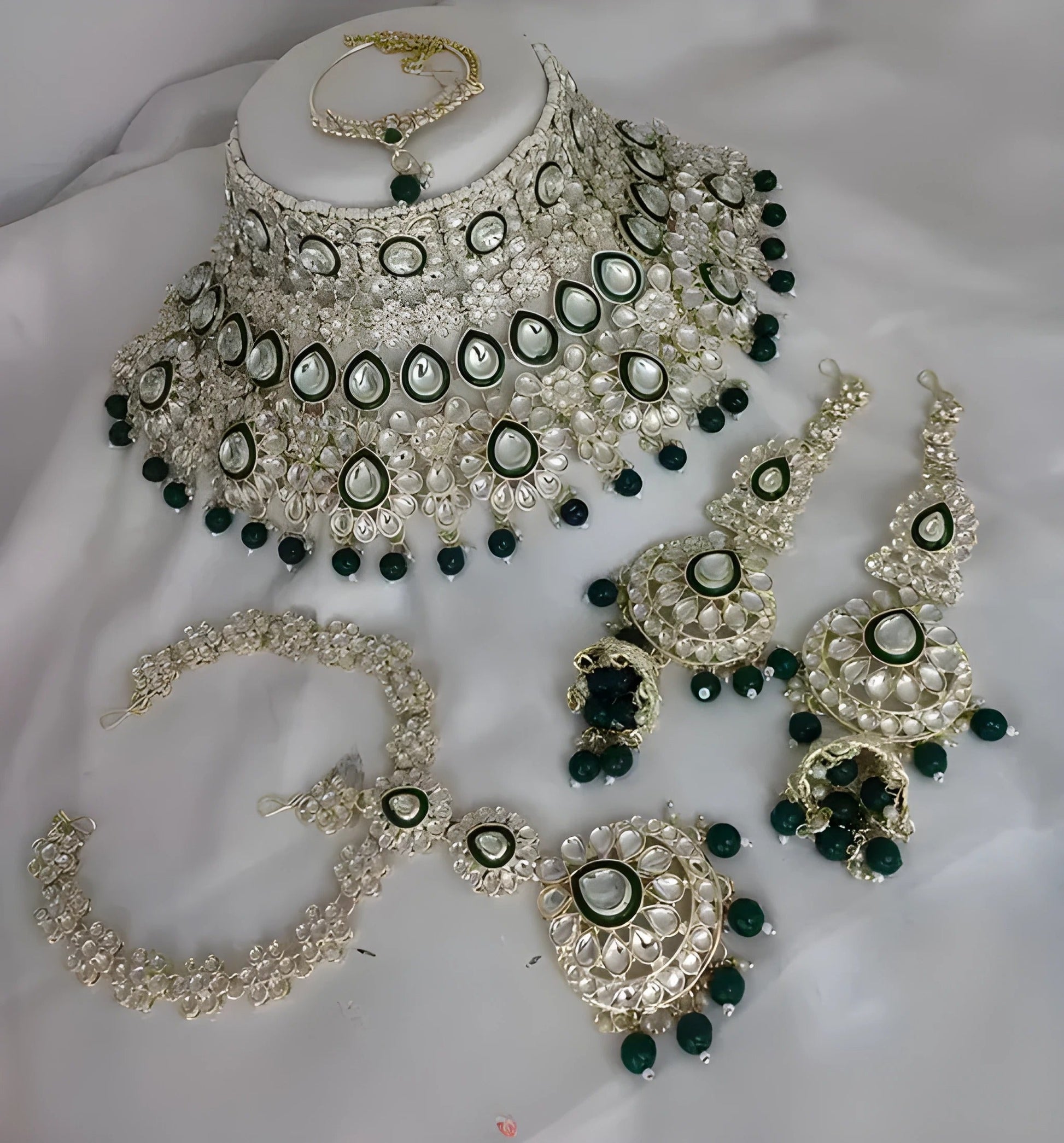 Jewel City Luxurious Green Kundan Bridal Set - Complete Semi Wedding Jewelry Collection with Pearl Embellishments | Swadesiicart