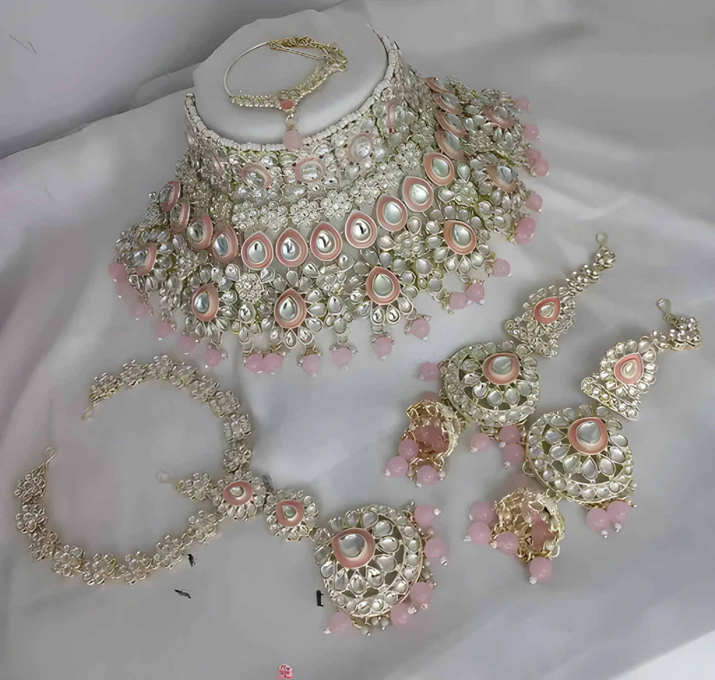 Jewel City Luxurious Rose Quartz Kundan Bridal Set - Complete Semi Wedding Jewelry Collection with Pearl Embellishments | Swadesiicart