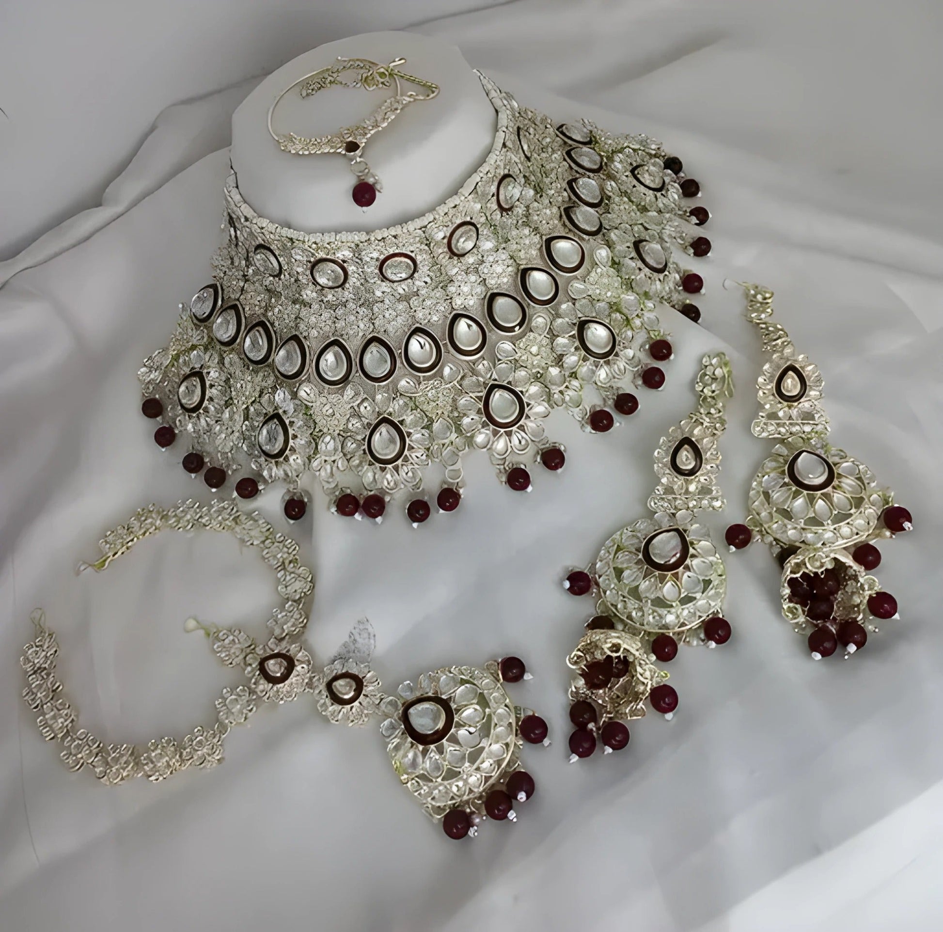 Jewel City Luxurious Maroon Kundan Bridal Set - Complete Semi Wedding Jewelry Collection with Pearl Embellishments | Swadesiicart