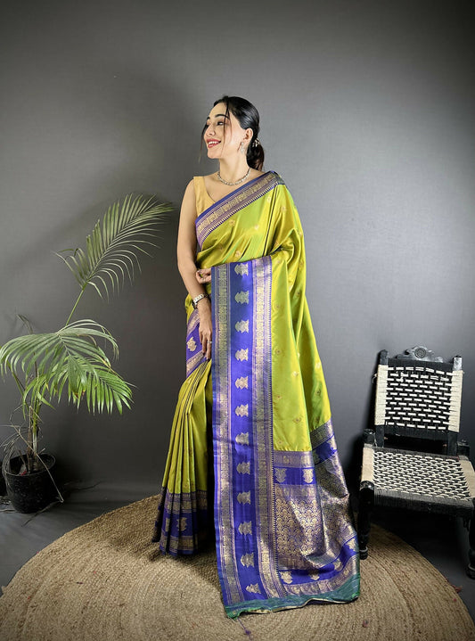 Joban Fashion Green Banarasi Soft Silk Woven Butti Saree | Swadesiicart