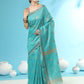 Vishnu Weaves Women's Aqua Handloom Silk Zari Woven Saree with Blouse - Swadesiicart