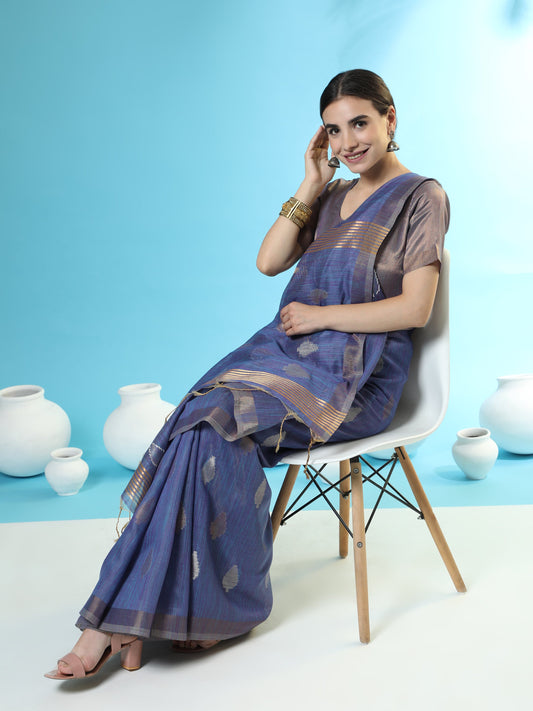 Vishnu Weaves Women's Blue Handloom Silk Zari Woven Saree with Blouse - Swadesiicart