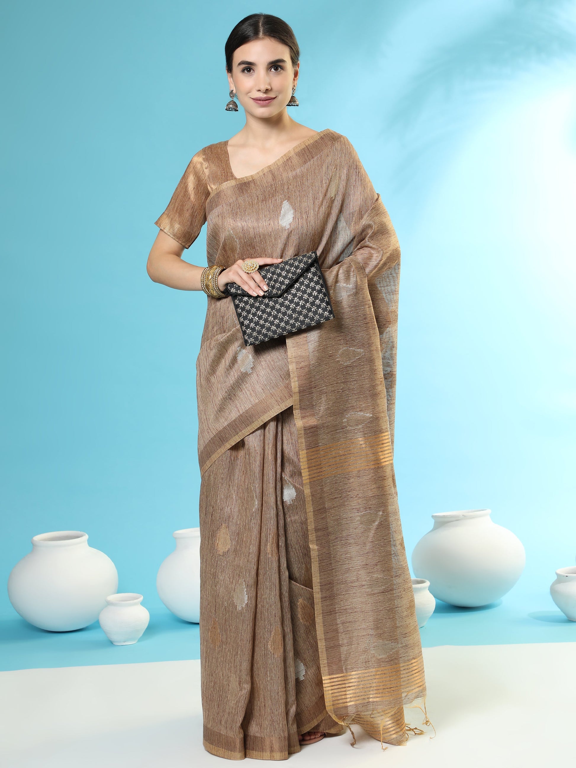 Vishnu Weaves Women's Brown Handloom Silk Zari Woven Saree with Blouse - Swadesiicart