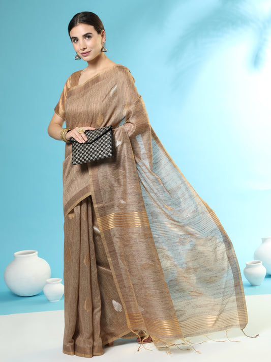 Vishnu Weaves Women's Brown Handloom Silk Zari Woven Saree with Blouse - Swadesiicart