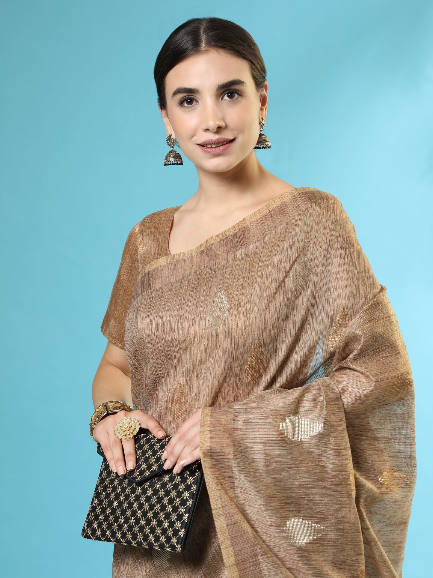 Vishnu Weaves Women's Brown Handloom Silk Zari Woven Saree with Blouse - Swadesiicart
