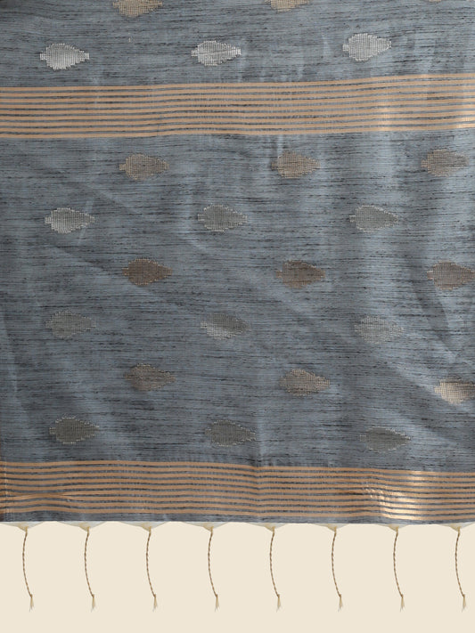 Vishnu Weaves Women's Dark Grey Handloom Silk Zari Woven Saree with Blouse - Swadesiicart