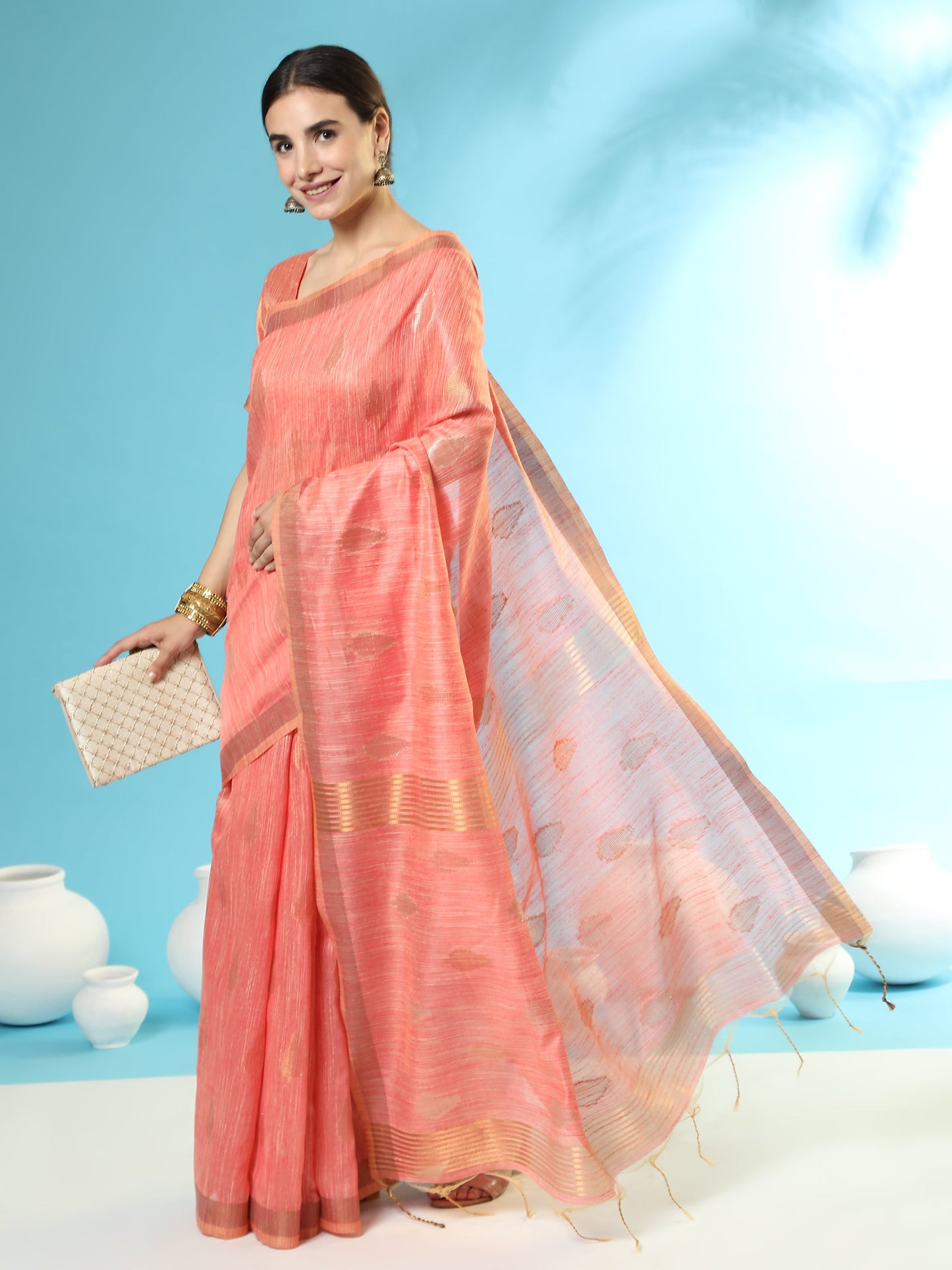 Vishnu Weaves Women's Orange Handloom Silk Zari Woven Saree with Blouse - Swadesiicart