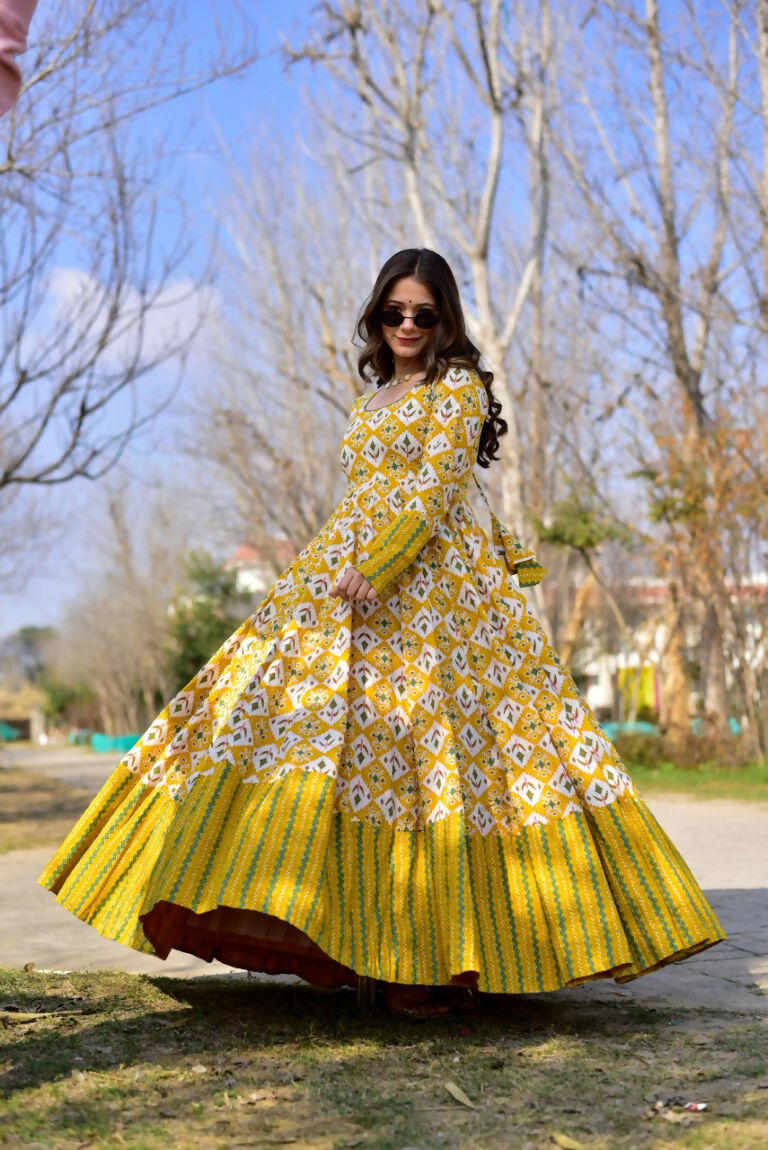 Jyoti Fashion Women's Mustard Heavy Digital Printed Cotton Silk Anarkali Dress | Swadesiicart