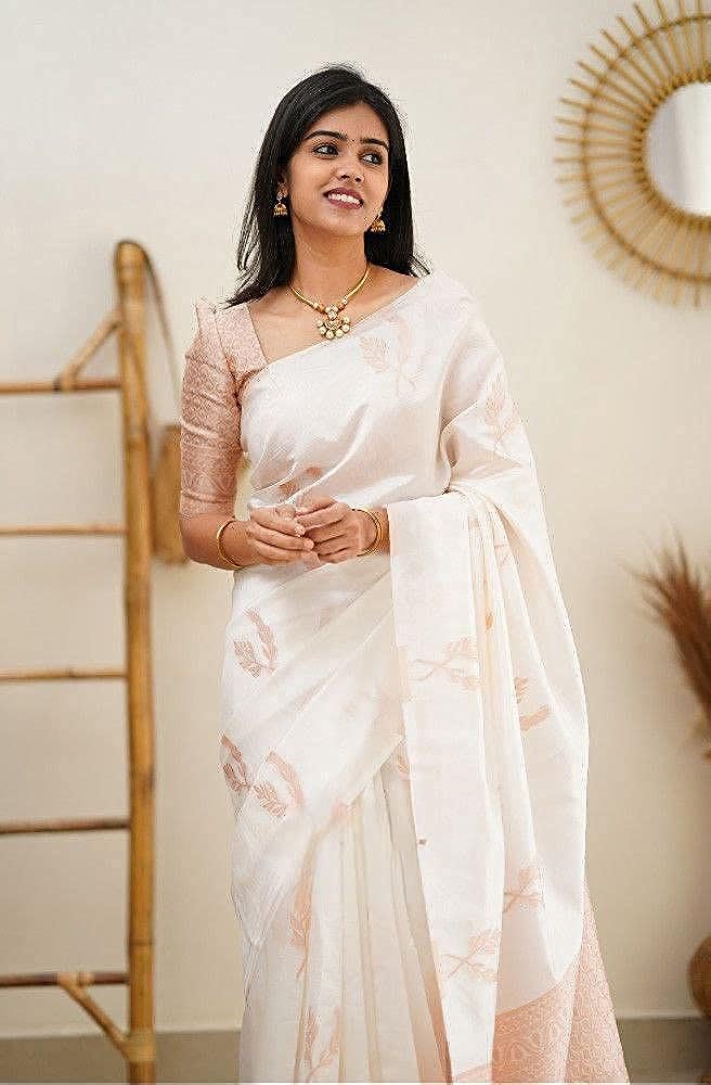 Vamika Weaving Banarasi Jacquard white Kanjivaram Saree | Swadesiicart