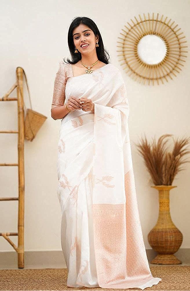 Vamika Weaving Banarasi Jacquard white Kanjivaram Saree | Swadesiicart