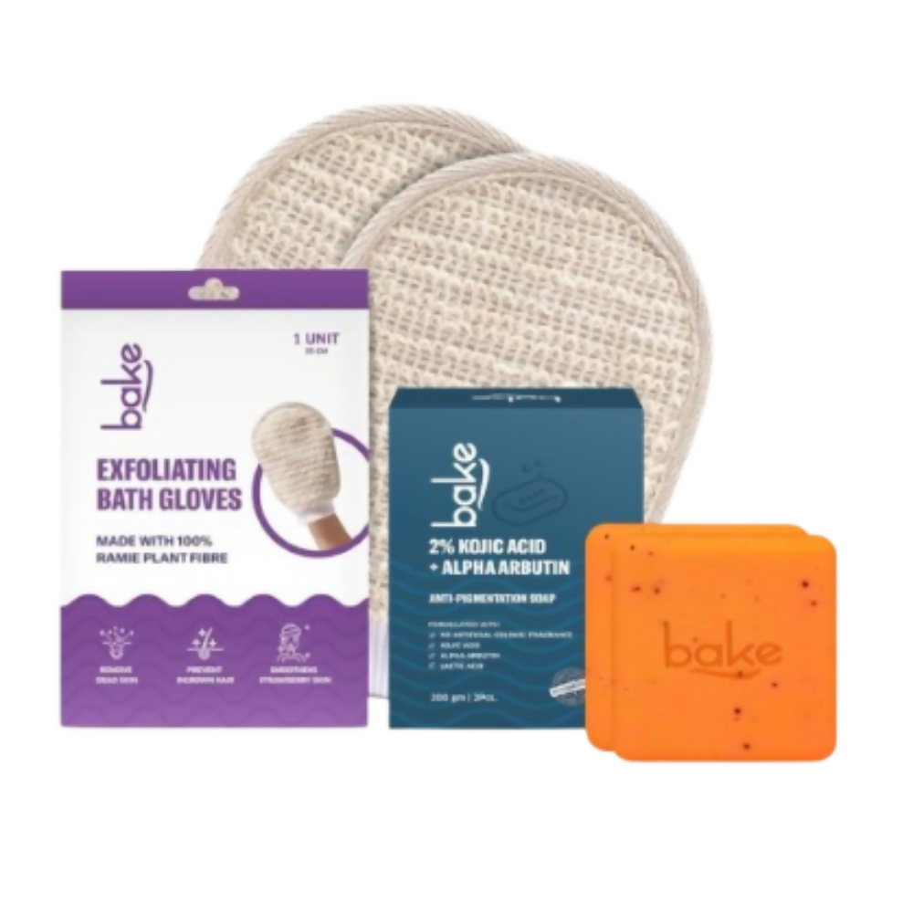 Bake Tan Removal Exfoliating Bath Kit - 100% Ramie Plant Fibre Gloves + Kojic Acid Soap (2 Pcs) with Scrub Treatment | Swadesiicart