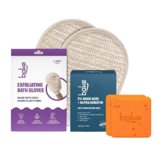 Bake Tan Removal Exfoliating Bath Kit - 100% Ramie Plant Fibre Gloves + Kojic Acid Soap (2 Pcs) with Scrub Treatment | Swadesiicart