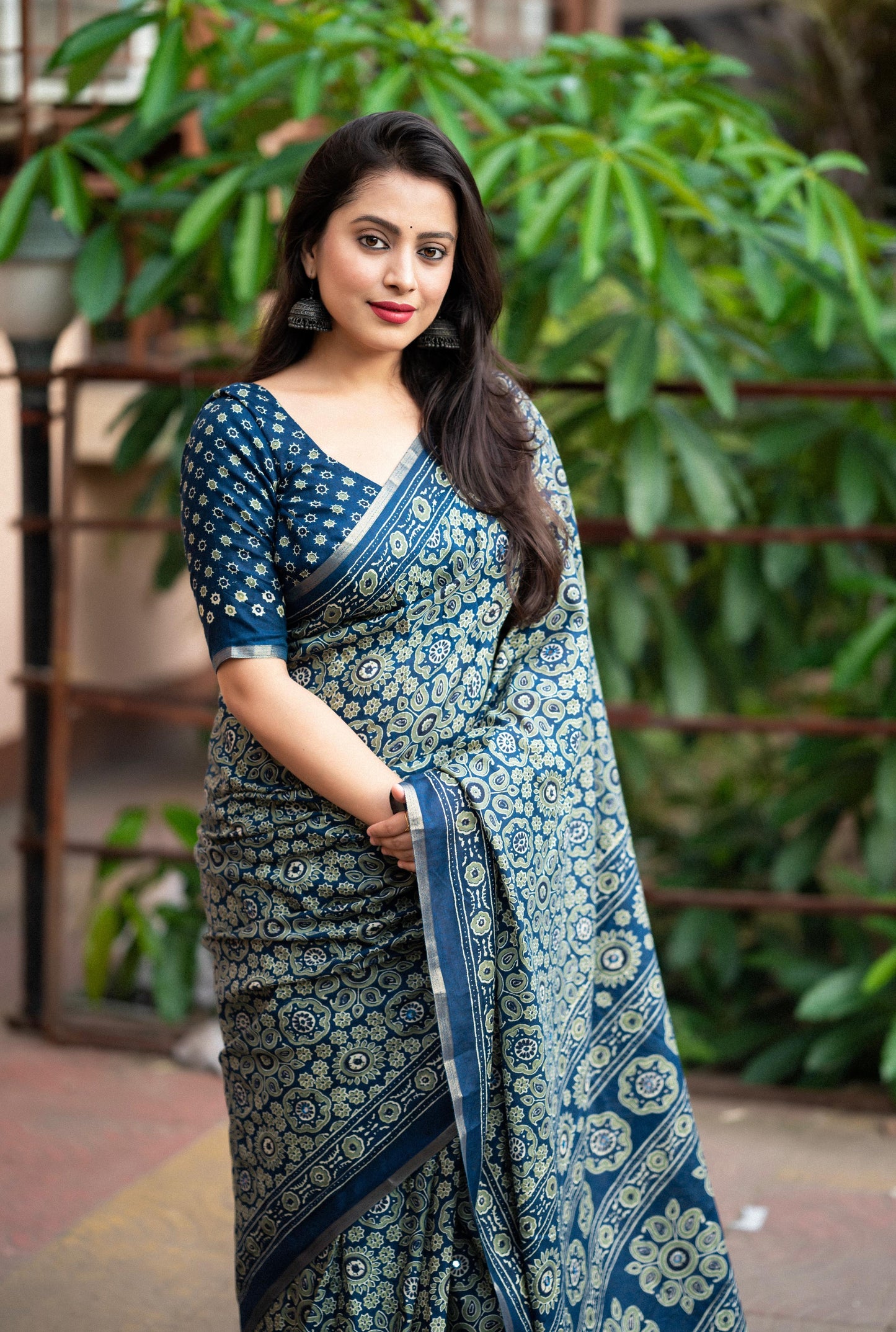Blue Cotton Blend Ajrak Saree with Unstitched Blouse - Hiral Fashion | Swadesiicart