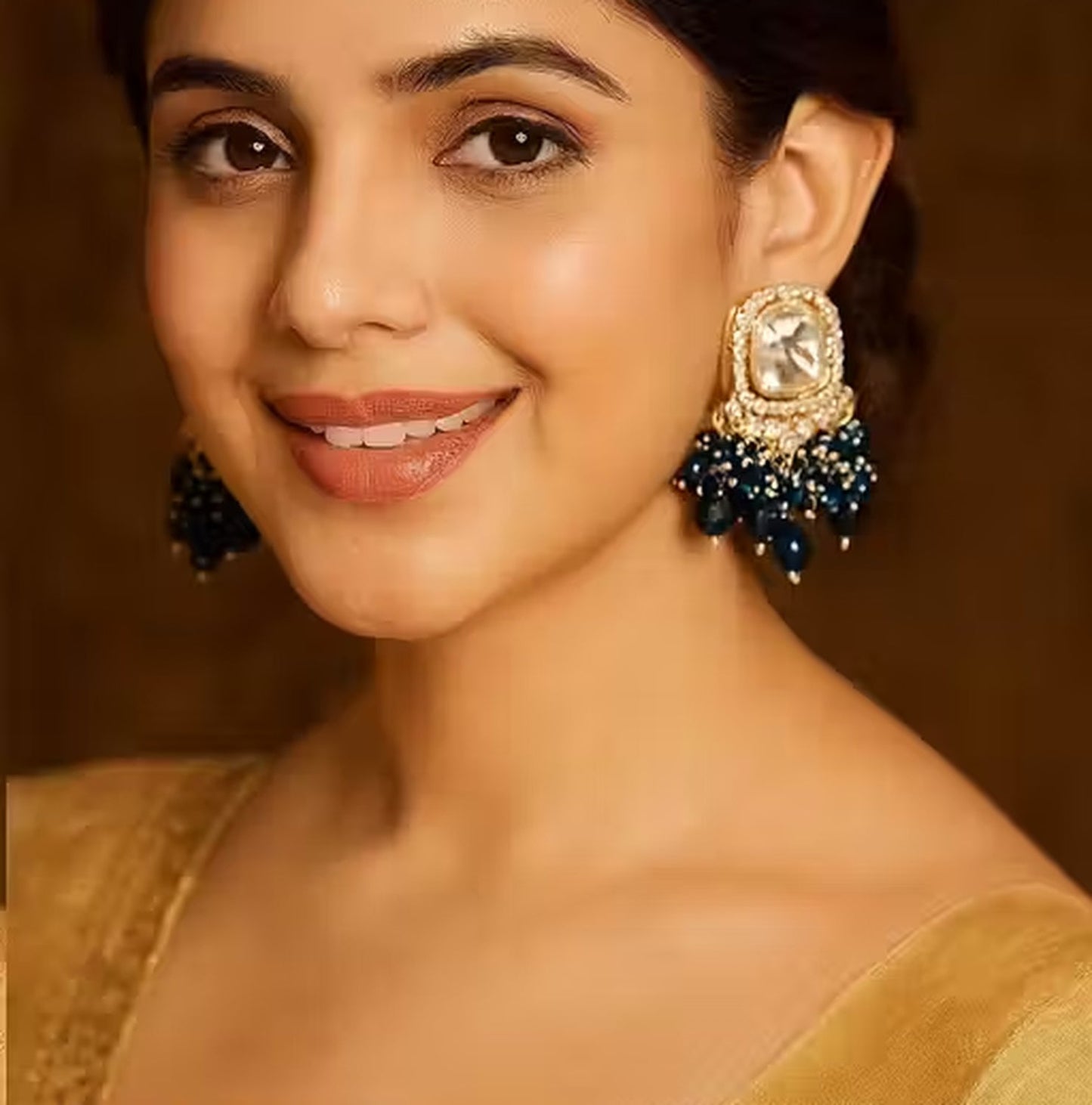 Jewel City Traditional Gold-Plated Kundan Earrings with Blue Beads – Handcrafted Ethnic Dangler Jewelry – Wedding & Party Wear | Swadesiicart