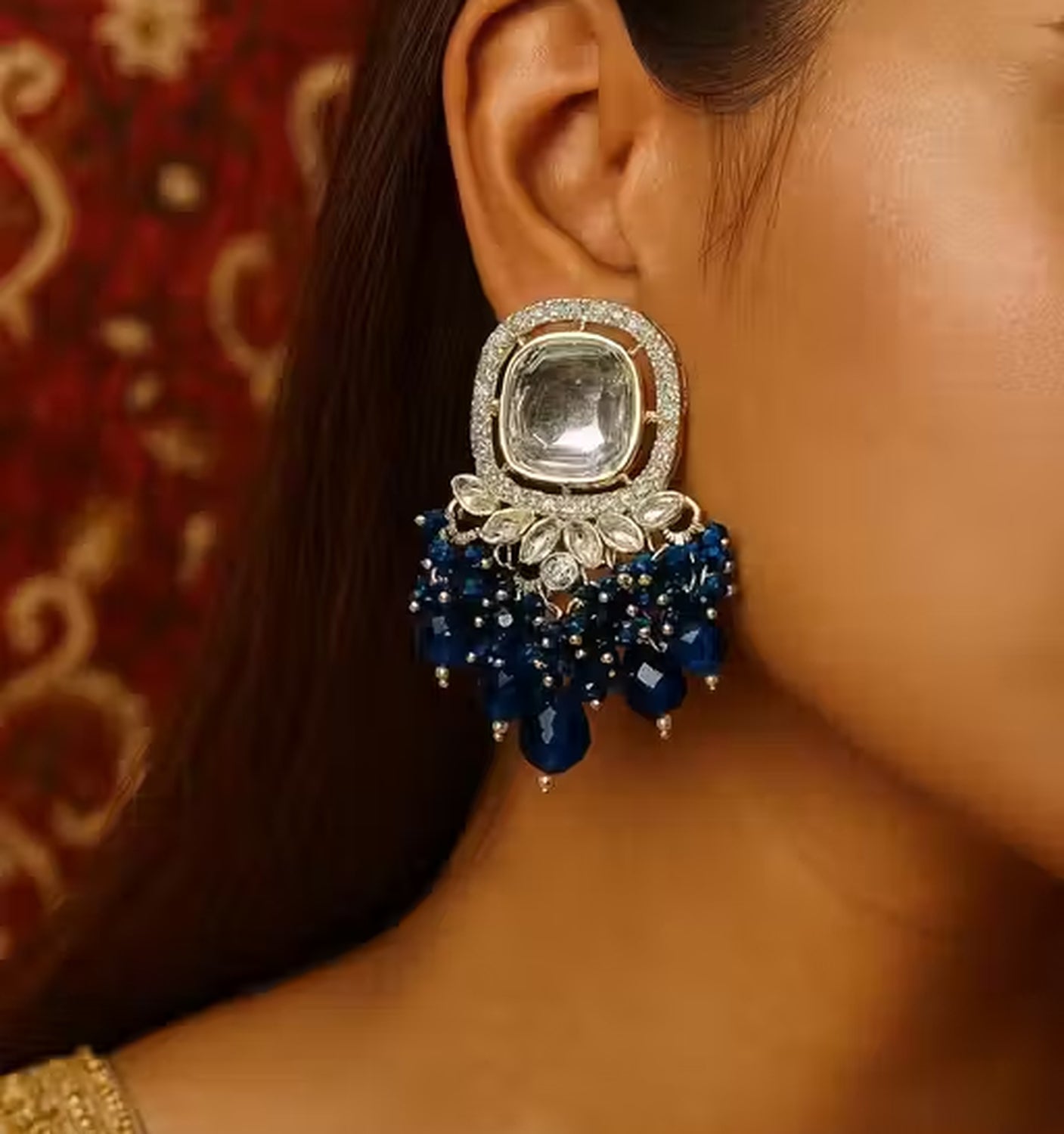 Jewel City Traditional Gold-Plated Kundan Earrings with Blue Beads – Handcrafted Ethnic Dangler Jewelry – Wedding & Party Wear | Swadesiicart