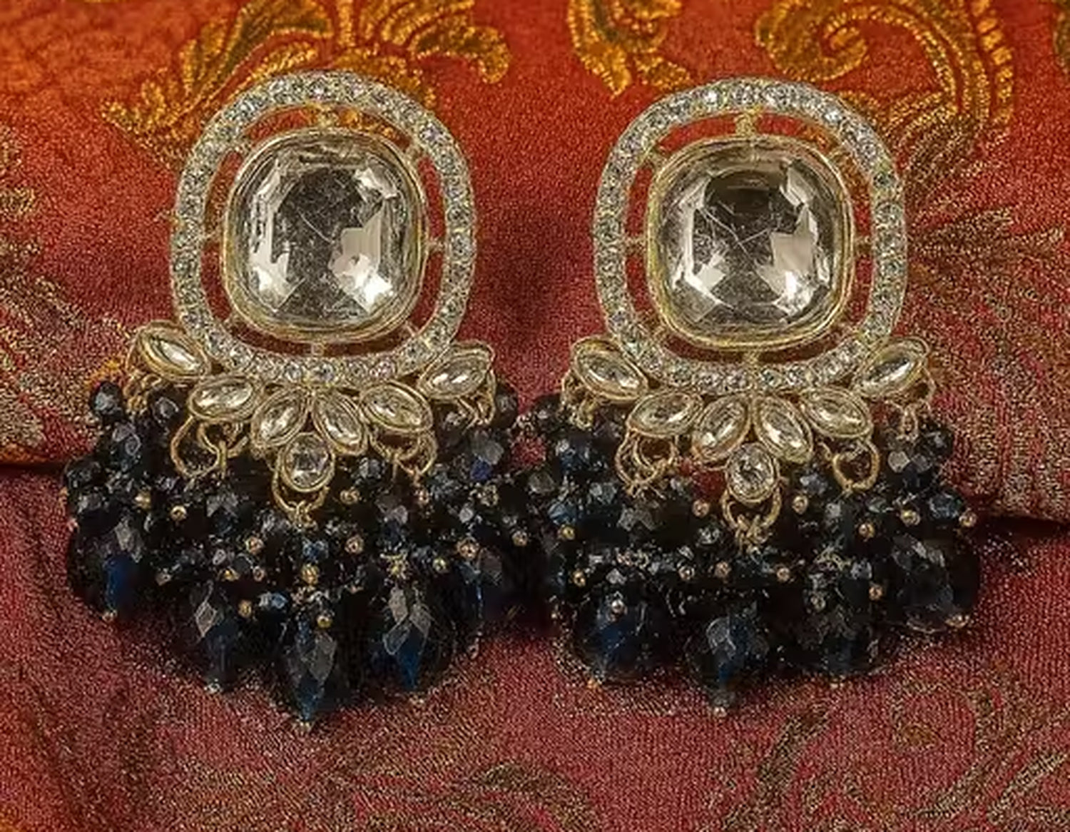 Jewel City Traditional Gold-Plated Kundan Earrings with Blue Beads – Handcrafted Ethnic Dangler Jewelry – Wedding & Party Wear | Swadesiicart