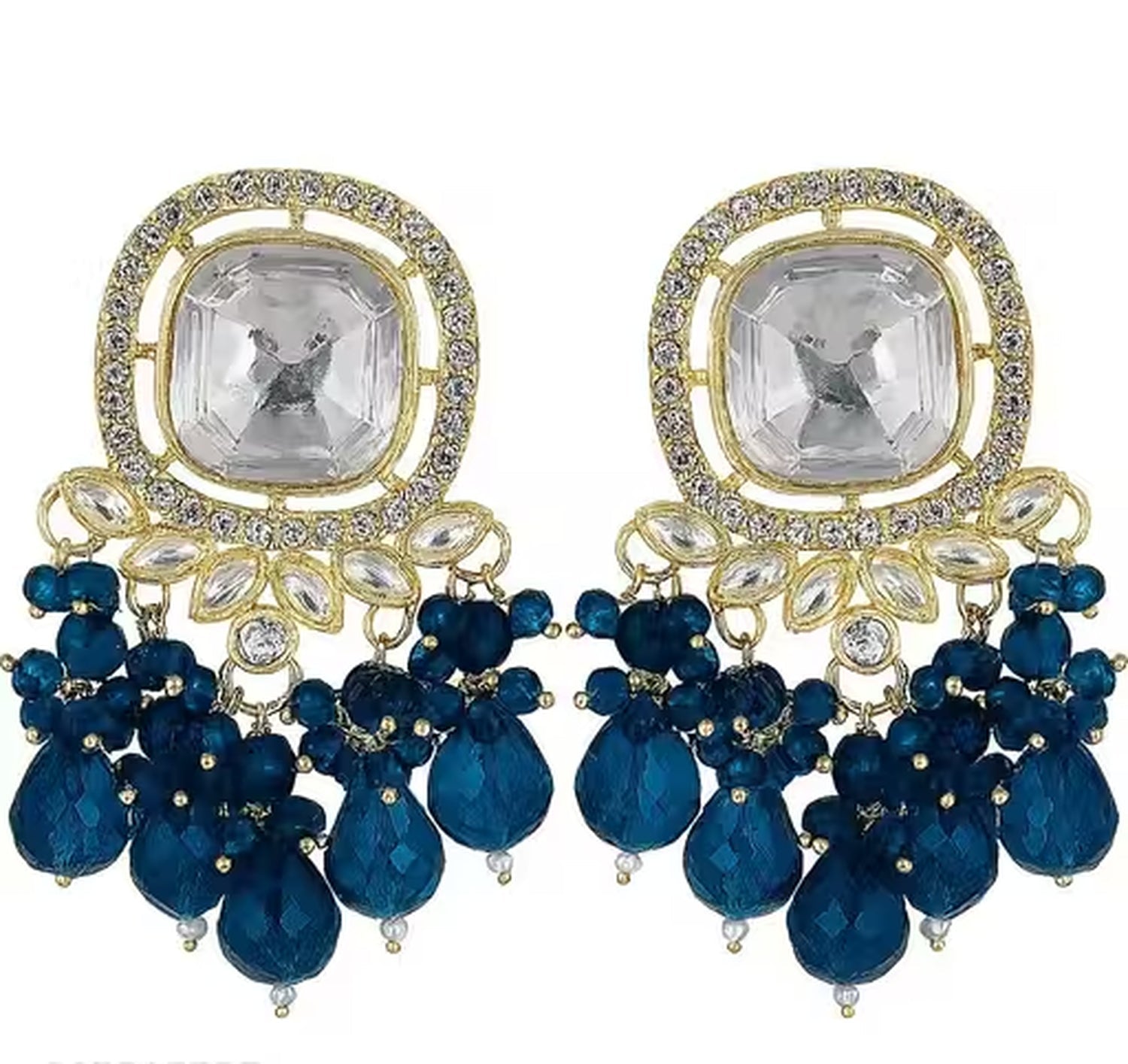 Jewel City Traditional Gold-Plated Kundan Earrings with Blue Beads – Handcrafted Ethnic Dangler Jewelry – Wedding & Party Wear | Swadesiicart