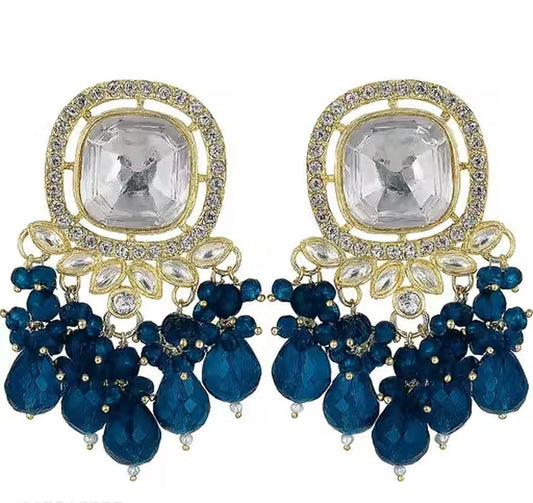 Jewel City Traditional Gold-Plated Kundan Earrings with Blue Beads – Handcrafted Ethnic Dangler Jewelry – Wedding & Party Wear | Swadesiicart