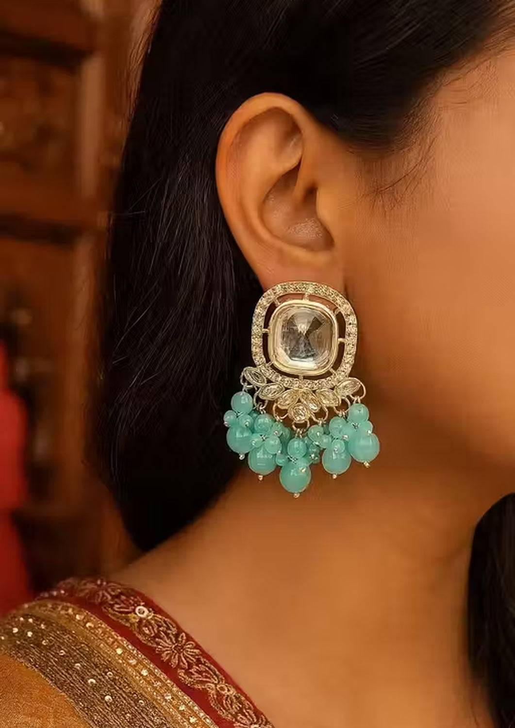 Jewel City Traditional Gold-Plated Kundan Earrings with Blue Beads – Handcrafted Ethnic Dangler Jewelry – Wedding & Party Wear | Swadesiicart