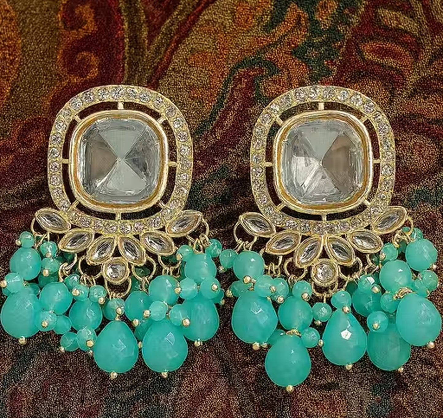 Jewel City Traditional Gold-Plated Kundan Earrings with Blue Beads – Handcrafted Ethnic Dangler Jewelry – Wedding & Party Wear | Swadesiicart