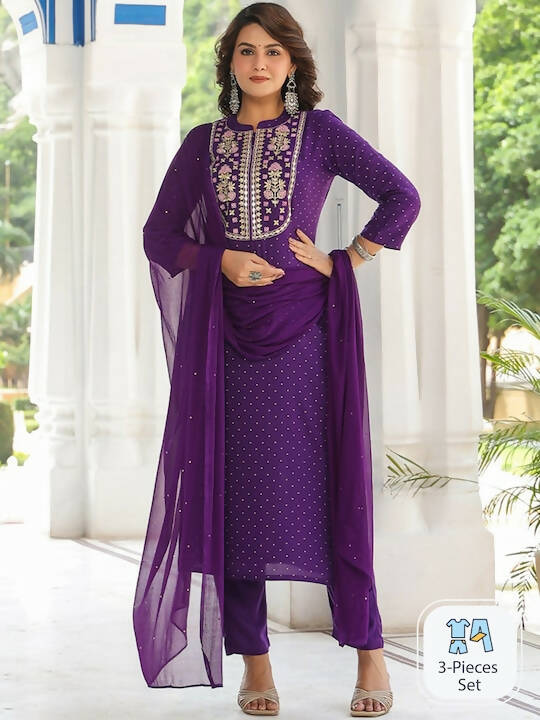 Kalini Floral Embroidered Mandarin Collar Regular Mirror Work Kurta & Trousers & Dupatta - Swadesiicart