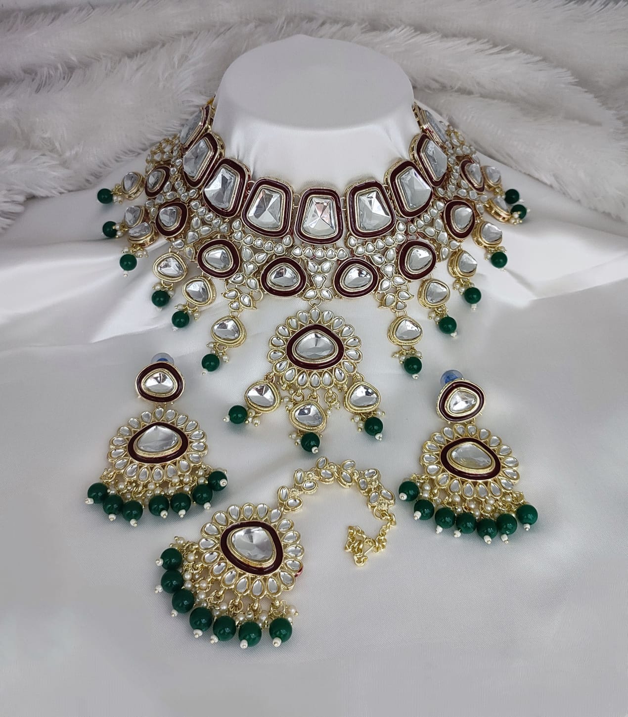 Jewel City Crystal Glass Kundan Choker Set with Maang Tikka - Royal Wedding Collection (Premium Pearl Drops) | Swadesiicart