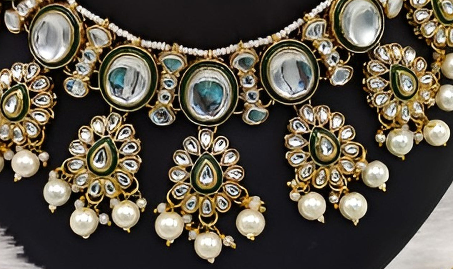 Jewel City Kundan Pearl Necklace Set with Maang Tikka - Designer Meenakari Wedding Jewelry Collection | Swadesiicart