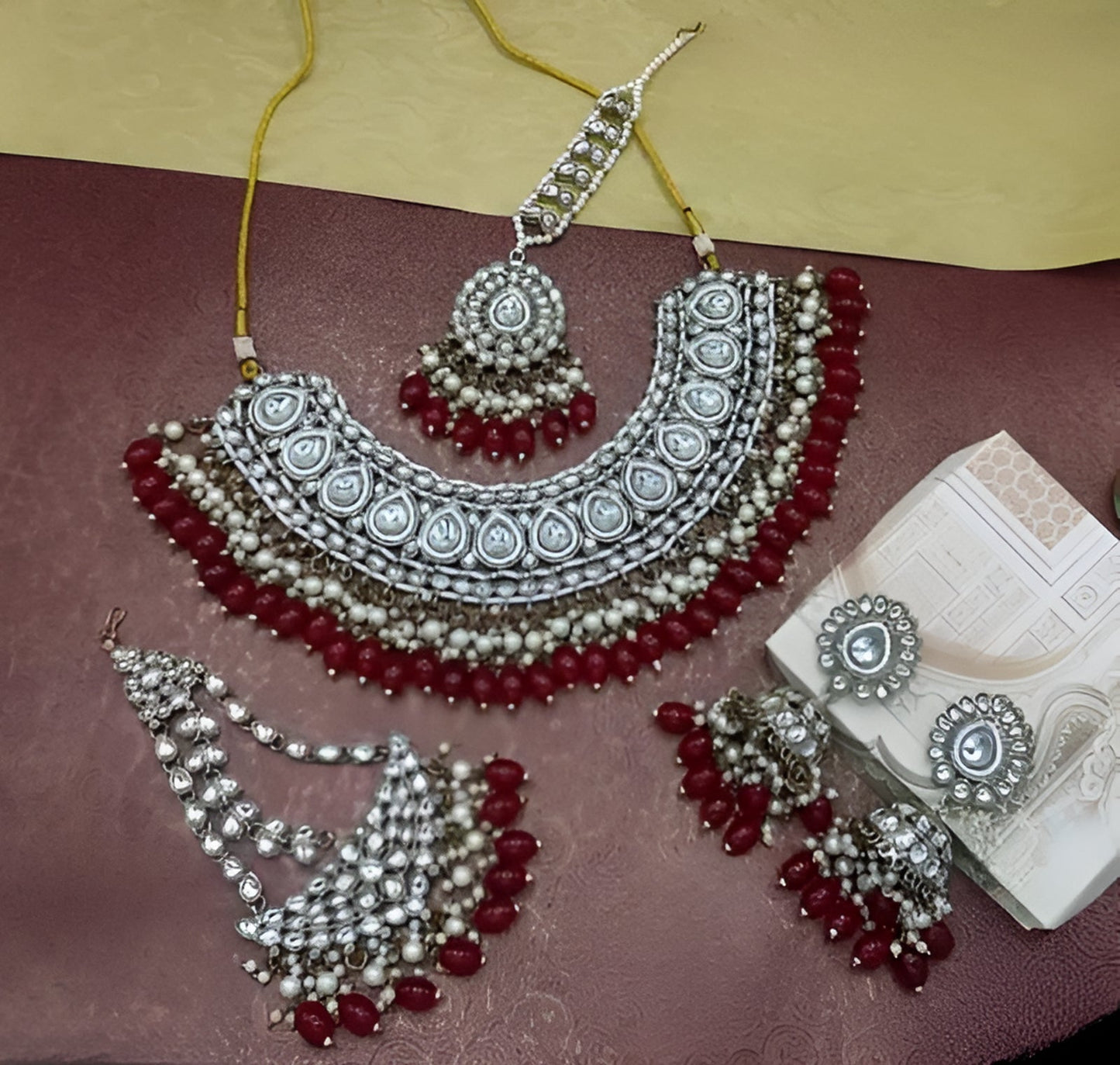 Jewel City Kundan Choker Necklace Set with Tikka, Earrings & Passa - Handcrafted Traditional Wedding Jewelry Collection | Swadesiicart
