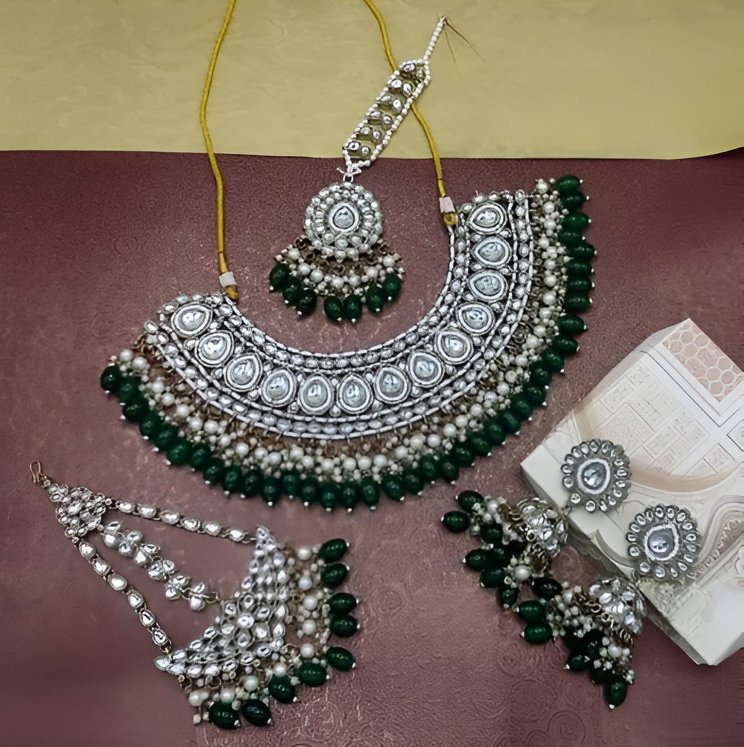 Jewel City Green Kundan Choker Necklace Set with Tikka, Earrings & Passa - Handcrafted Traditional Wedding Jewelry Collection | Swadesiicart