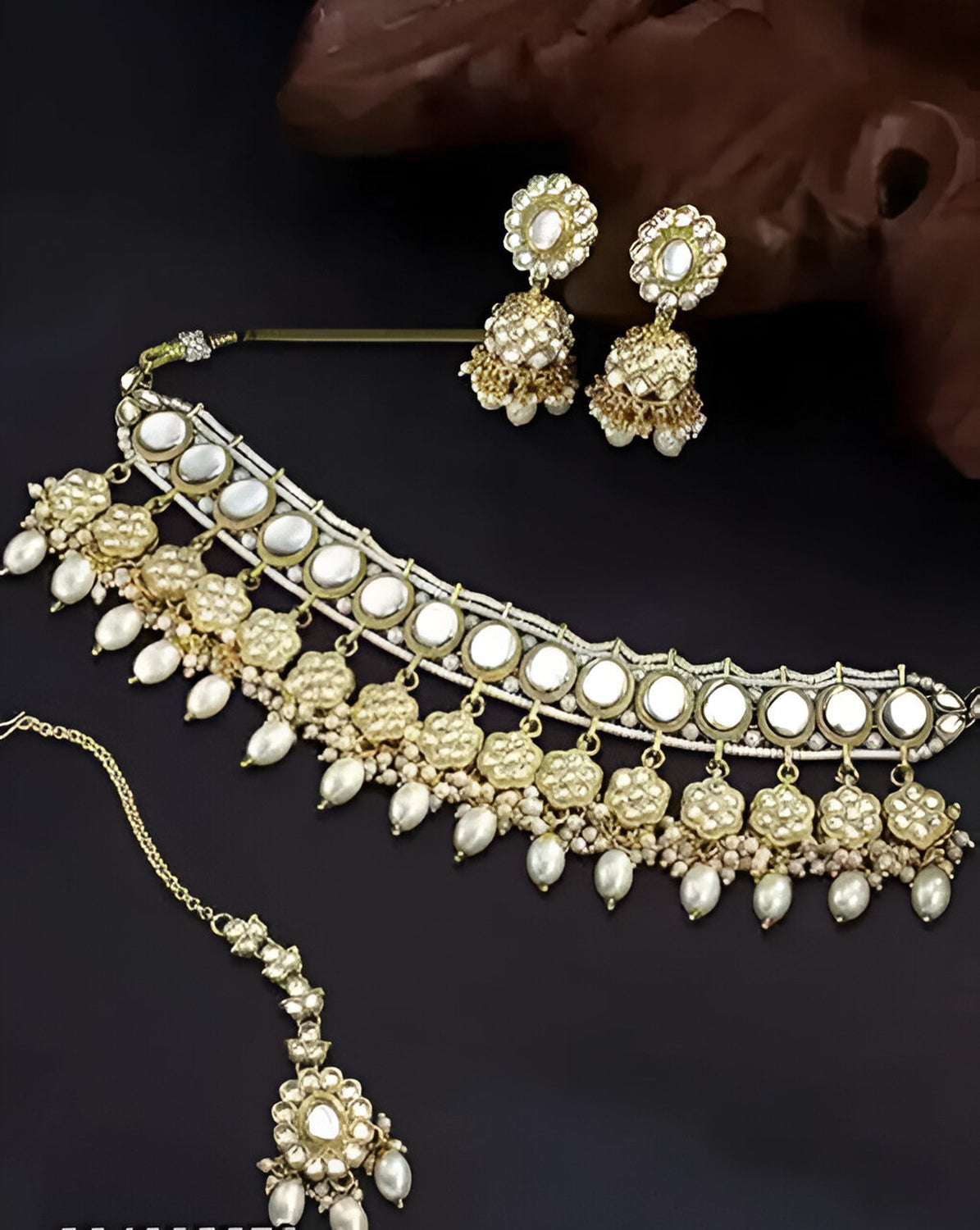 Jewel City Elegant Pearl Choker Necklace Set with Maang Tikka and Jhumka Earrings - Traditional Indian Bridal Jewelry Collection | Swadesiicart