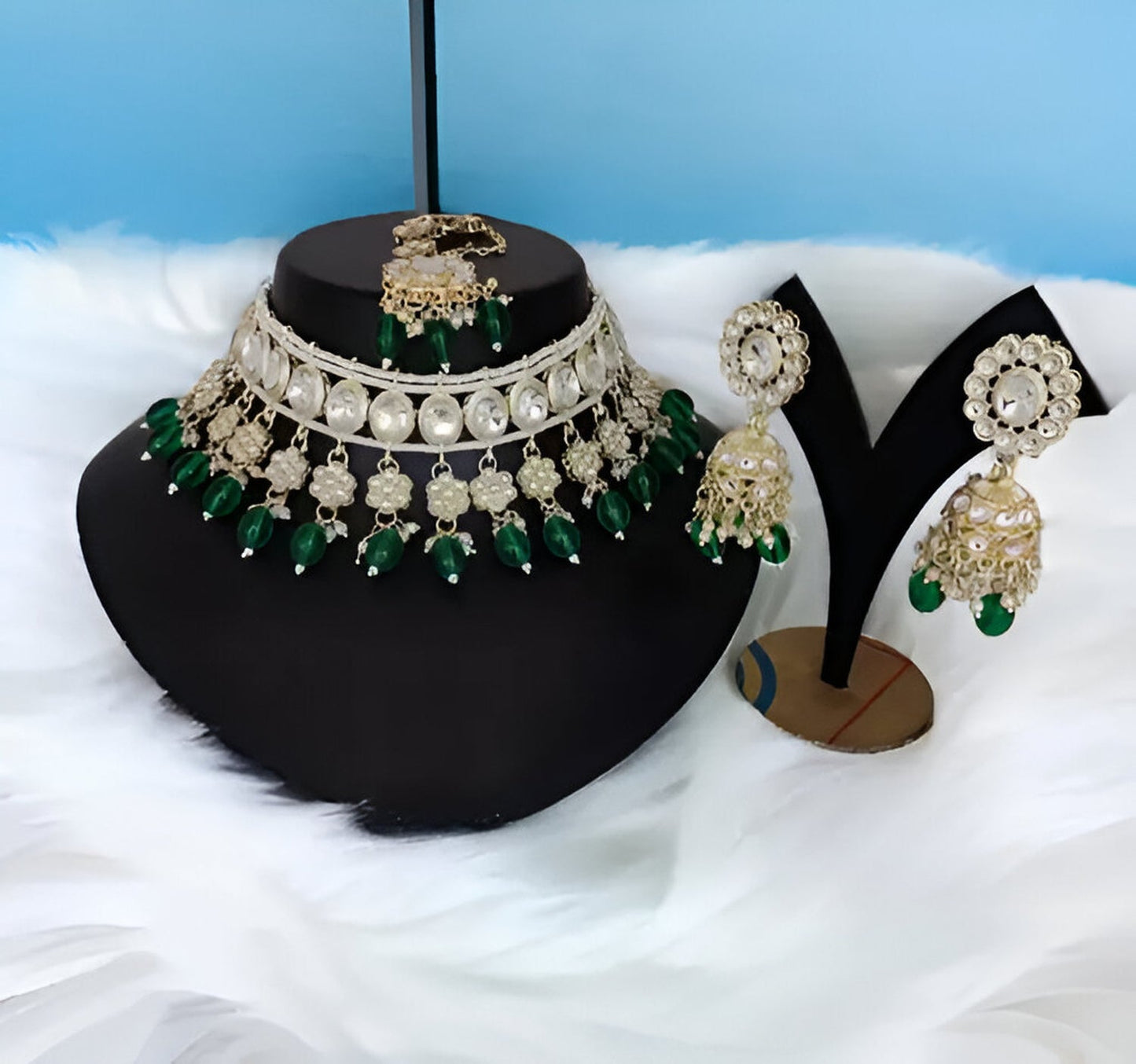 Jewel City Elegant Pearl Choker Necklace Set with Maang Tikka and Jhumka Earrings - Traditional Indian Bridal Jewelry Collection | Swadesiicart
