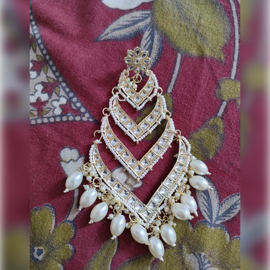 Jewel City Elegant Layered Kundan Pearl Earrings - Handcrafted Multi-Tier Chandbali Jhumkas - Bridal Wedding Statement Jewelry | Swadesiicart