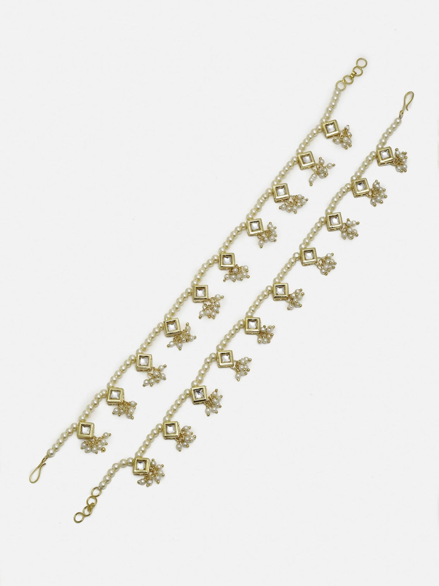 White Gold-Toned Plated Kundan Anklets Set Of 2 - Ruby Raang | Swadesiicart