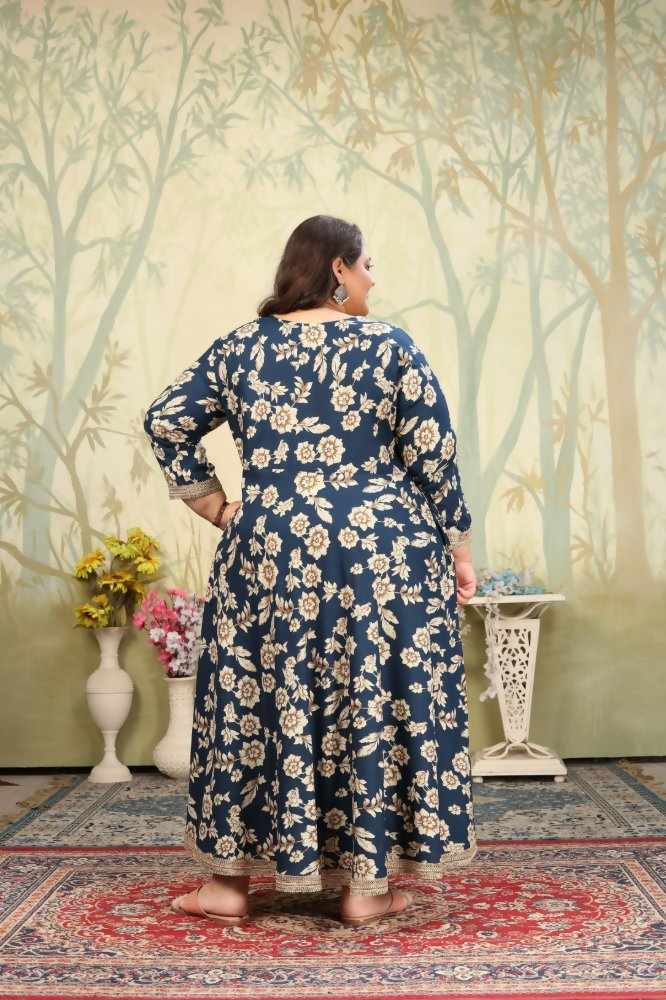 Jyoti Fashion Women's Navy Blue Rayon Floral Print with Sequins Designer Anarkali Set | Swadesiicart