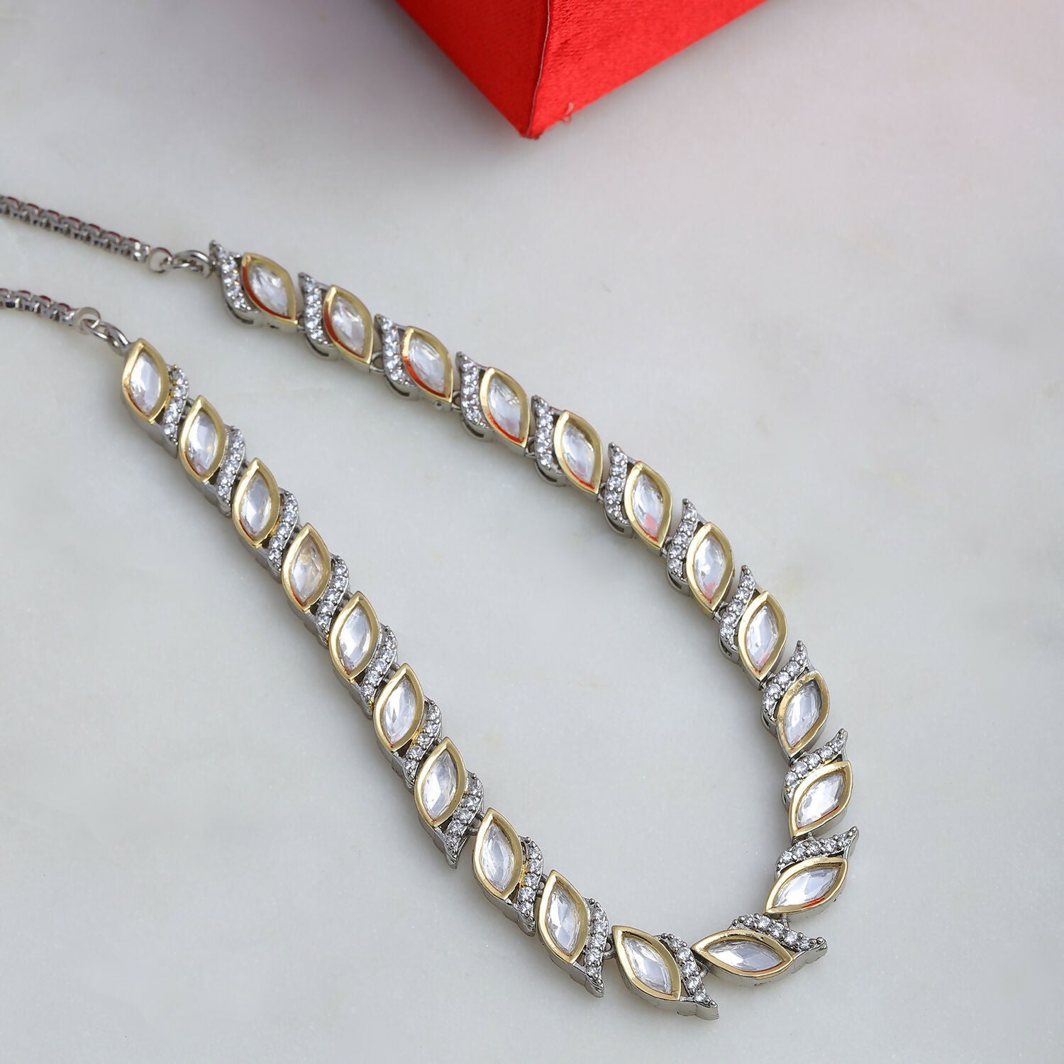 Leaf Shaped Neckpiece in Dual Tone Kundan and American Diamonds (Silver) - Ruby Raang | Swadesiicart